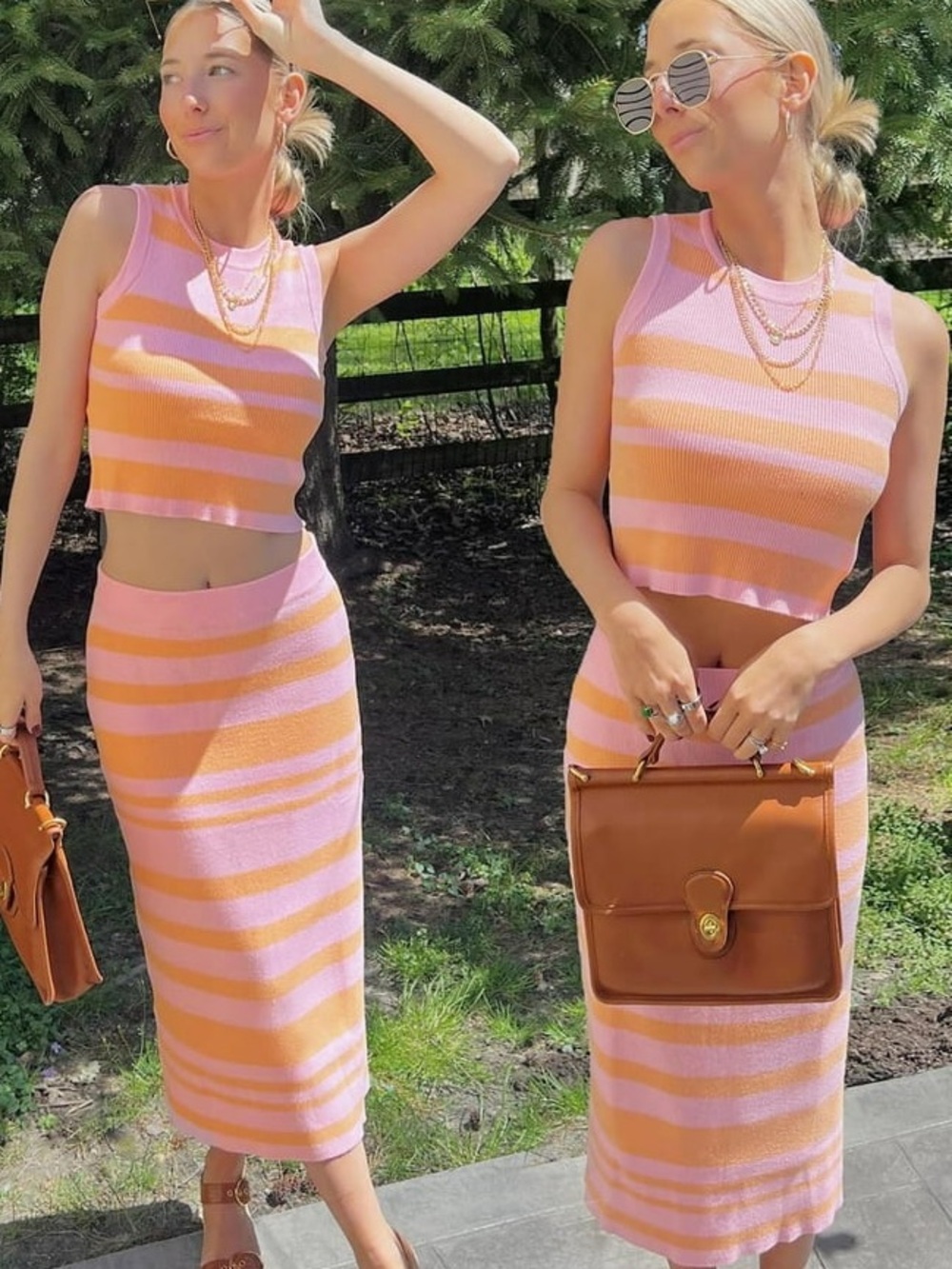 Arach & Cloz Striped Pink and Orange Knit Midi Skirt and Summer Tank Top - Picture 3 of 8